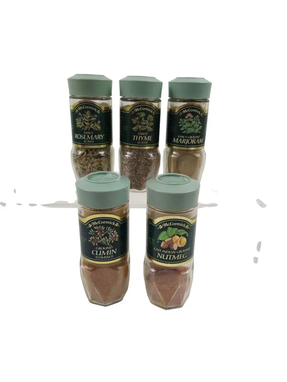 McCormick Spice Jars Thyme Rosemary Marjoram Cumin Nutmeg Vintage Green Lids